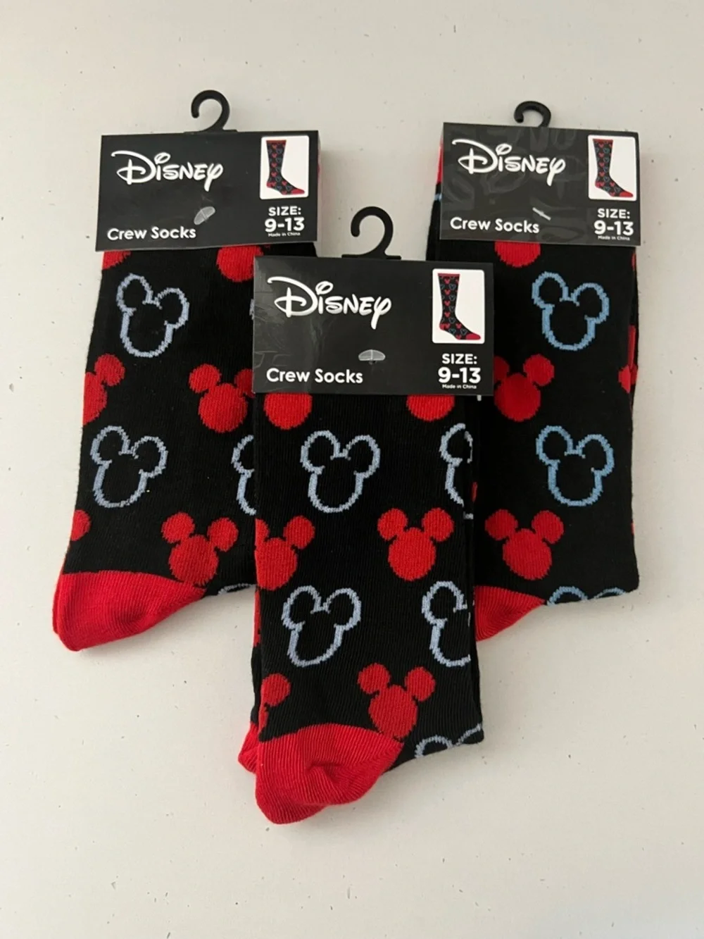 NWT Disney Mickey Mouse Crew Socks Set of 3 Size 9-13 Black Red Unisex